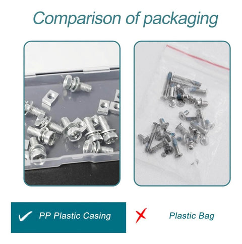 Comparison of 6 Piece Motorcycle Battery Bolts And Nuts Kit M6x16mm Carbon Steel in plastic casing vs plastic bag packaging.
