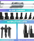 Blind Hole Bearing Puller Set 8-32mm with Slide Hammer, split collets, 2-jaw puller, and collet extension adapter on display