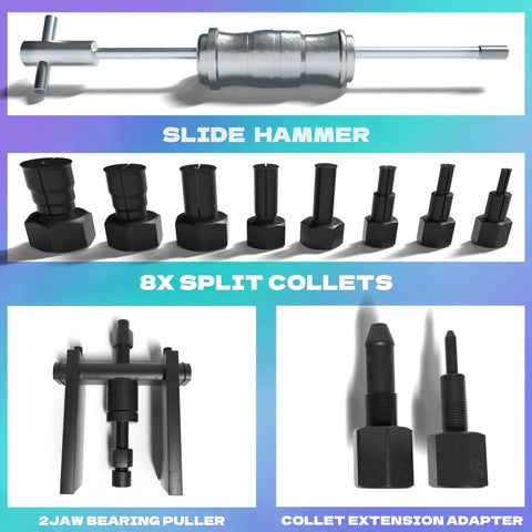 Blind Hole Bearing Puller Set 8-32mm with Slide Hammer, split collets, 2-jaw puller, and collet extension adapter on display