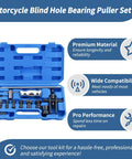 Blind Hole Bearing Puller Set for Motorcycles With Slide Hammer in blue case, includes collets, slide hammer, pilot insert, extractor.