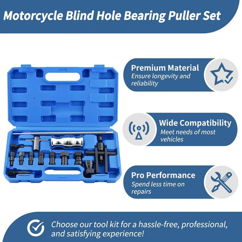 Blind Hole Bearing Puller Set for Motorcycles With Slide Hammer in blue case, includes collets, slide hammer, pilot insert, extractor.