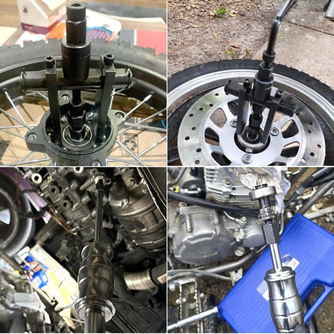 Blind Hole Bearing Puller Set 8-32mm with Slide Hammer in use on motorcycle wheels and engines