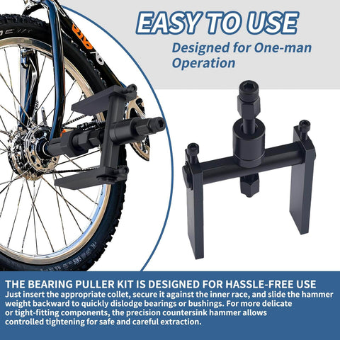 Blind Hole Bearing Puller Set for Motorcycles With Slide Hammer 12-Piece Internal Bearing Removal Tool Kit on bicycle wheel.