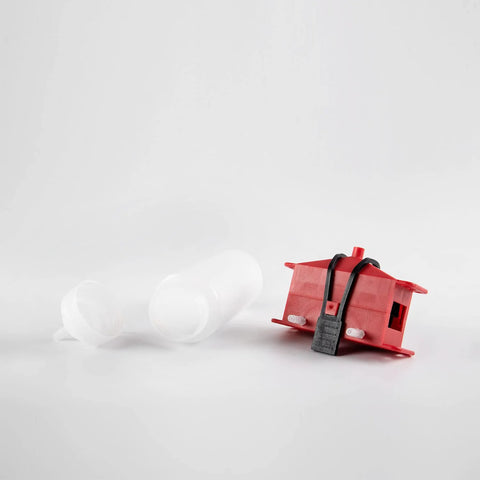 Universal Motorcycle Chain Cleaning Kit by Lorababer in red, showing red cleaning tool and clear lubricant containers, for quick chain maintenance.