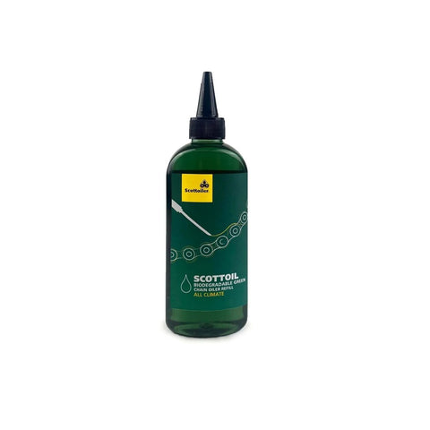 Bottle of Scotoil biodegradable motorcycle chain oil for Essentials Micro vSystem Automatic Motorcycle Chain Lubrication Kit.