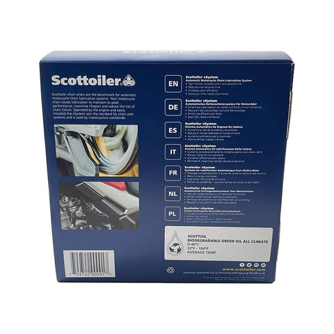 Back view of Vsystem Automatic Motorcycle Chain Lubrication System Easy Fit packaging with multilingual instructions and product images.