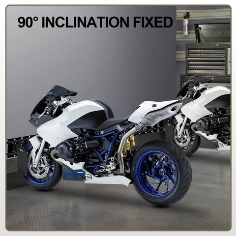 Motorcycle secured with 4 Pack E Track Wheel Chocks For E Track System Perfect For Motorcycles And Dirt Bikes Durable Powder Coated Tire Chocks That Mount On E Track Rails For Enclosed Trailers Garages And Wall Mounts in garage
