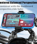 Motorcycle handlebar with CNC aluminum ball base mount holding a phone using navigation, focused on motorcycle front fork stem.