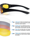 3 Pair Motorcycle Riding Glasses With Padding Goggles UV400 Protection Windproof showing yellow lenses and features