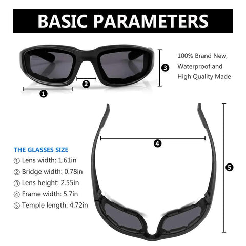 Diagram showing dimensions of 3 Pair Motorcycle Riding Glasses With Padding Goggles UV400 Protection Windproof with lens sizes.