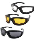 3 Pair Motorcycle Riding Glasses With Padding Goggles UV400 Protection Windproof, showing clear, yellow, and dark lenses.
