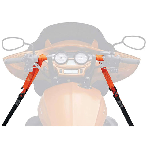 Motorcycle with Deluxe Motorcycle Wheel Chock And Tie-Down Kit Extreme Max 5600.3204, straps attached, front view
