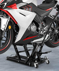 Beefy 1500 Lb Hydraulic Motorcycle Lift Jack With Adjustable Height From 4.7 To 14.57 Inches, lifting a motorcycle in a garage.