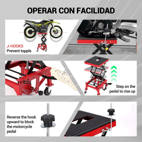 Foot Operated Hydraulic Motorcycle Lift Jack With 350 Lb Capacity, Wide Deck And Locking Wheels, Red, multiple views