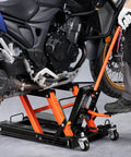 Heavy Duty Hydraulic Motorcycle Lift Jack With 1500 Lbs Capacity For Motorcycles ATVs UTVs Portable Scissor Lift Table On Wheels For Easy Maintenance And Cleaning By VEVOR, lifting a motorcycle