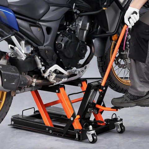Heavy Duty Hydraulic Motorcycle Lift Jack With 1500 Lbs Capacity For Motorcycles ATVs UTVs Portable Scissor Lift Table On Wheels For Easy Maintenance And Cleaning By VEVOR, lifting a motorcycle