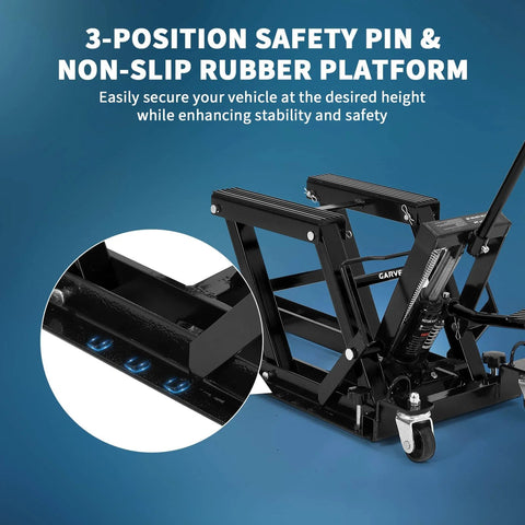 Beefy 1500 Lb Hydraulic Motorcycle Lift Jack With Adjustable Height From 4.7 To 14.57 Inches, non-slip platform, safety pin.