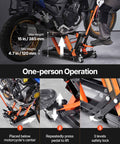 Heavy Duty Hydraulic Motorcycle Lift Jack With 1500 Lbs Capacity For Motorcycles ATVs UTVs Portable Scissor Lift Table On Wheels For Easy Maintenance And Cleaning By VEVOR in use under a motorcycle with safety features highlighted.