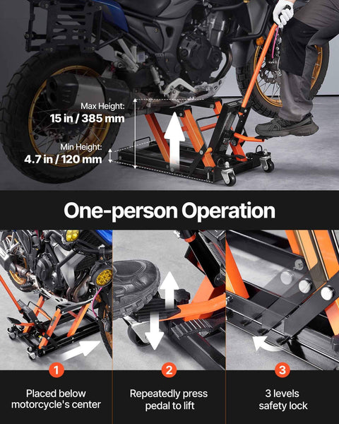 Heavy Duty Hydraulic Motorcycle Lift Jack With 1500 Lbs Capacity For Motorcycles ATVs UTVs Portable Scissor Lift Table On Wheels For Easy Maintenance And Cleaning By VEVOR in use under a motorcycle with safety features highlighted.
