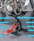 Side view of Heavy Duty Hydraulic Motorcycle Lift Stand With 1000 Lbs Capacity, Durable Steel Maintenance Hoist For Dirt Bikes And Snowmobiles.
