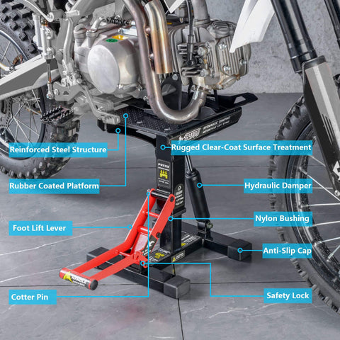 Side view of Heavy Duty Hydraulic Motorcycle Lift Stand With 1000 Lbs Capacity, Durable Steel Maintenance Hoist For Dirt Bikes And Snowmobiles.