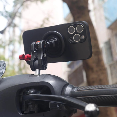 20mm Ball Adapter With M8 Stud For Motorcycle GPS And Dash Cam Mounts attached to handlebar, with smartphone in position