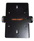 Deluxe One Size Fits All Orange And Black Motorcycle Wheel Chock With Quick Disconnect Mounting Plate And Built In Front Tire Tie Down Solid Powder Coated Steel Construction Self Locking Deluxe Wheel Chock For Easy Trailering From Lock N Load