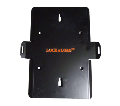 Deluxe One Size Fits All Orange And Black Motorcycle Wheel Chock With Quick Disconnect Mounting Plate And Built In Front Tire Tie Down Solid Powder Coated Steel Construction Self Locking Deluxe Wheel Chock For Easy Trailering From Lock N Load