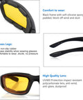 Close-up of 3 Pair Motorcycle Riding Glasses with Padding Goggles UV400 Protection Windproof, showcasing yellow lenses and padded frames.
