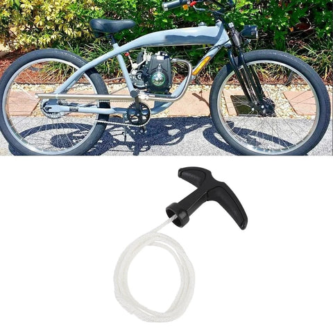 Heavy Duty Nylon Starter Rope And Handle with Comfortable Grip for 2 Stroke Engines, shown with outdoor power equipment.