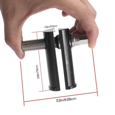 Beefy Motorcycle Steering Stem Bearing Race Removal Tool neck bearing race puller, dimensions shown, held in hand