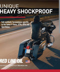 Motorcycle riding with Full Synthetic V-Twin Gear Oil With Shockproof Technology for quiet shifts and protection displayed.