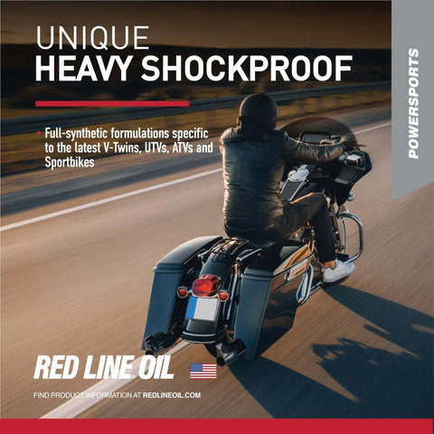 Motorcycle riding with Full Synthetic V-Twin Gear Oil With Shockproof Technology for quiet shifts and protection displayed.