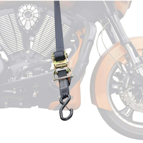Close-up of tie-down strap from Deluxe Motorcycle Wheel Chock And Tie-Down Kit Extreme Max 5600.3204 on motorcycle.