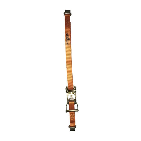 Orange front tire tie down strap for use with Deluxe One Size Fits All Orange And Black Motorcycle Wheel Chock With Quick Disconnect.