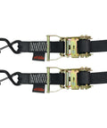 Two black tie-down straps with hooks from Deluxe Motorcycle Wheel Chock And Tie-Down Kit Extreme Max 5600.3204.