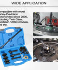 Wheel Bearing Puller Removal Motorcycle Tool Kit for Harley Davidson displayed with case and installation images