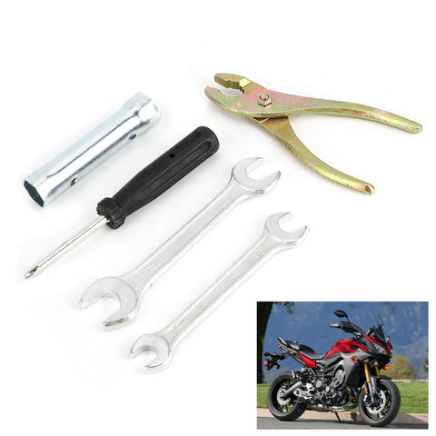 Compact Motorcycle Tool Kit With Socket Wrench Set, Screwdrivers And Pliers, Lightweight All In One Hand Tool Set For Maintenance And Repairs, Portable DIY Motorcycle Fix Kit For On The Go. Image of tool set with wrench and pliers.