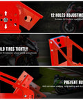 Multiple close-up views of Heavy Duty Motorcycle Wheel Chock And Front Tire Stand, 12 holes adjustment, tire fit and rust prevention details.
