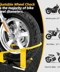 Adjustable Motorcycle Wheel Chock Stand With Auto Lock Swivel For 15 To 21 Inch Tires, Heavy Duty Steel Support, shown holding bike tire.
