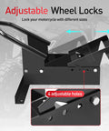 Side view of Beefy Heavy Duty Motorcycle Wheel Chock and Front Wheel Stand for Trailers, showing adjustable wheel locks.