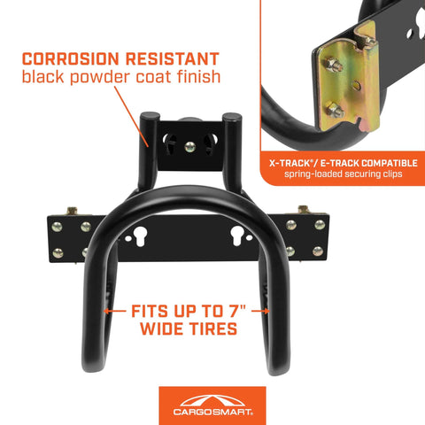 Heavy Duty Motorcycle Wheel Chock For Trailers That Connects To X Track And E Track Systems And Stabilizes Front Or Rear Wheel, fits up to 7 inch wide tires with corrosion resistant finish.