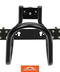 Heavy Duty Motorcycle Wheel Chock for Trailers that connects to X Track and E Track Systems, front view, black, CargoSmart logo