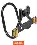 Black heavy duty motorcycle wheel chock for trailers that connects to X track and E track systems, fits up to 7 inch wide tires