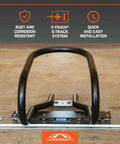 Heavy Duty Motorcycle Wheel Chock for Trailers That Connects To X Track and E Track Systems, shown mounted on wood surface.