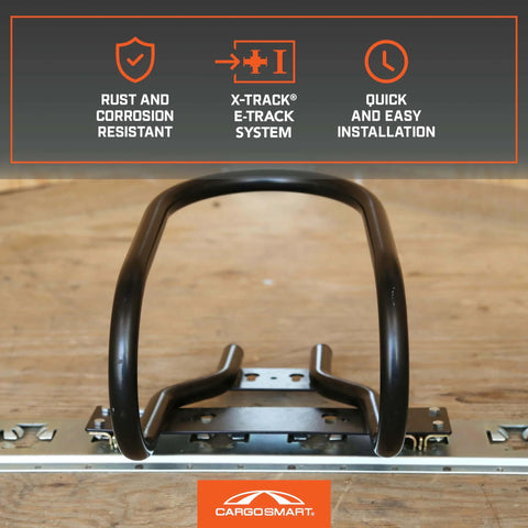 Heavy Duty Motorcycle Wheel Chock for Trailers That Connects To X Track and E Track Systems, shown mounted on wood surface.