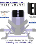 Universal Wheel Chock for Motorcycle Stand for Trailer Storage Adjustable Foldable Detachable Blue with tire supports