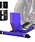 Universal Wheel Chock for Motorcycle Stand for Trailer Storage Adjustable Foldable Detachable Blue One Person Load and Unload Safe with Straps by Grand Pitstop shown with tire attachment options