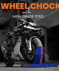 Motorcycle secured in blue Universal Wheel Chock for Motorcycle Stand for Trailer Storage Adjustable Foldable Detachable by Grand Pitstop