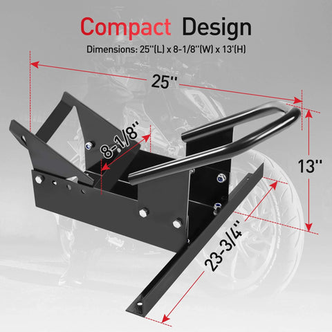 Side view of the Beefy Heavy Duty Motorcycle Wheel Chock and Front Wheel Stand for Trailers, 1800 lb capacity, dimensions labeled